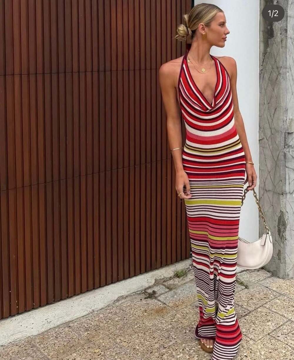 SOVERE Studio Pandora Knit Stripe Halter Maxi Dress Cowl Neck Crochet M